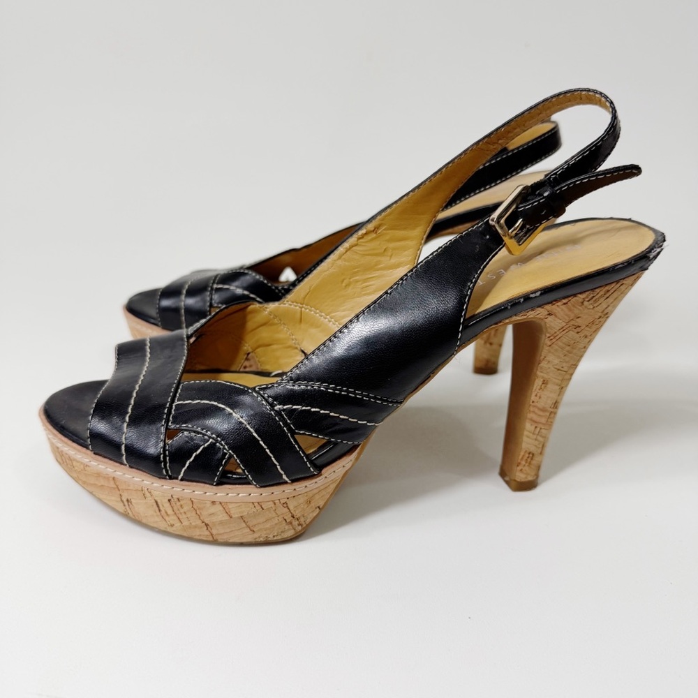 Nine West Black Leather Presidayo Cork Platform Stiletto Slingback Sandal Size 9
